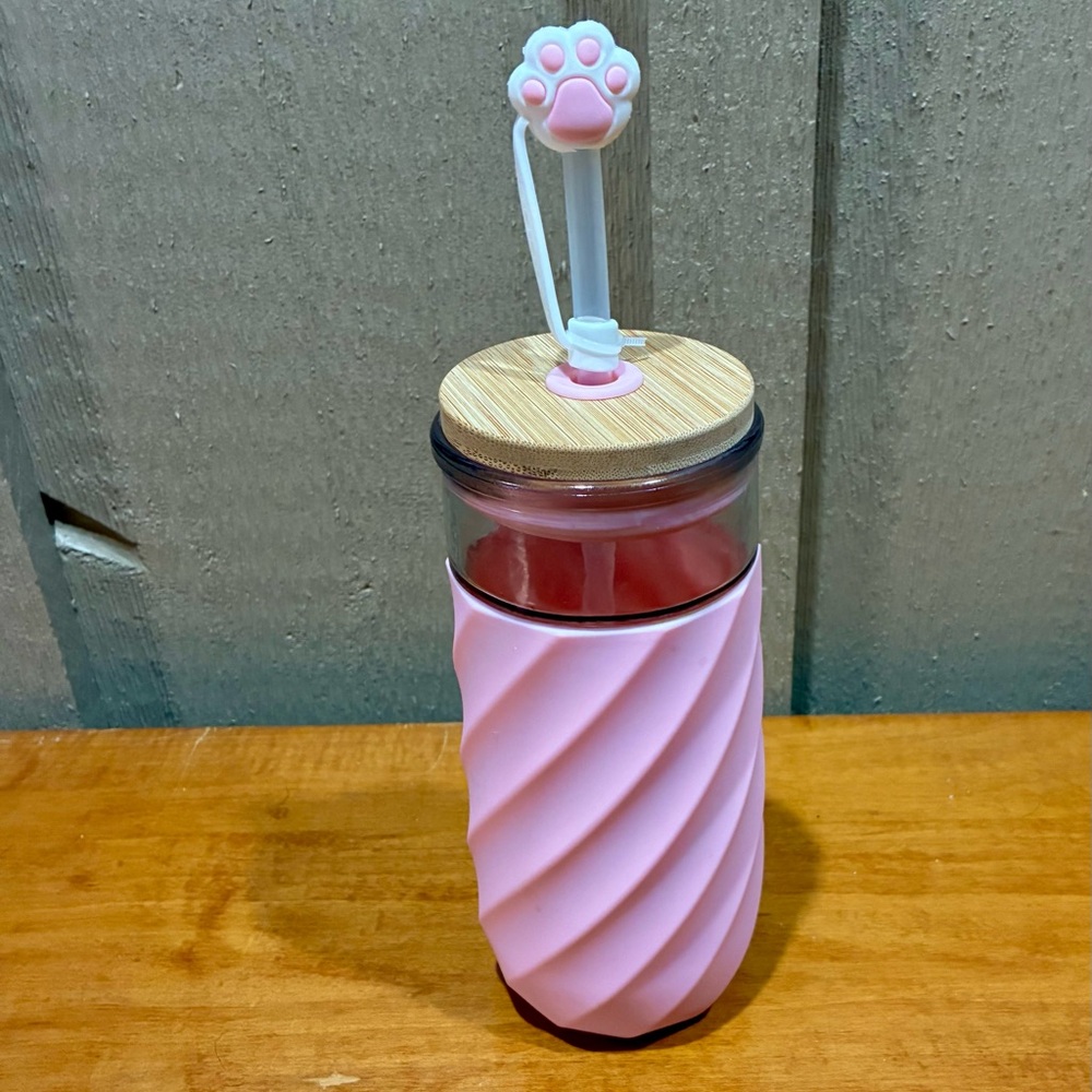 Pink Swirl Glass Water Bottle with Paw Lid